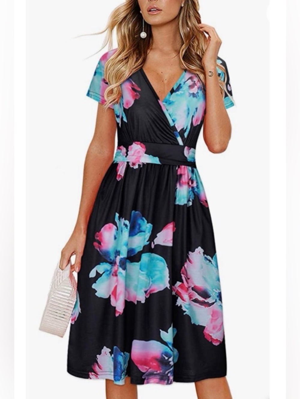 Black Floral Wrap Midi Dress with Pink & Blue Blooms